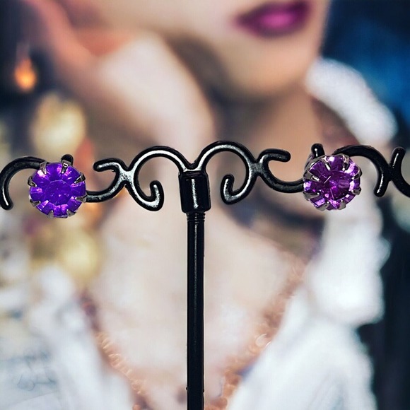 Purple Rhinestone Stud Silver-Tone .25 Inch Earrings Vintage! - Picture 1 of 4